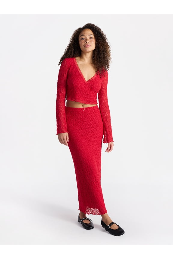 Lace Long Sleeve Crop Top and Midi Skirt Set, 2-Piece, Women’s