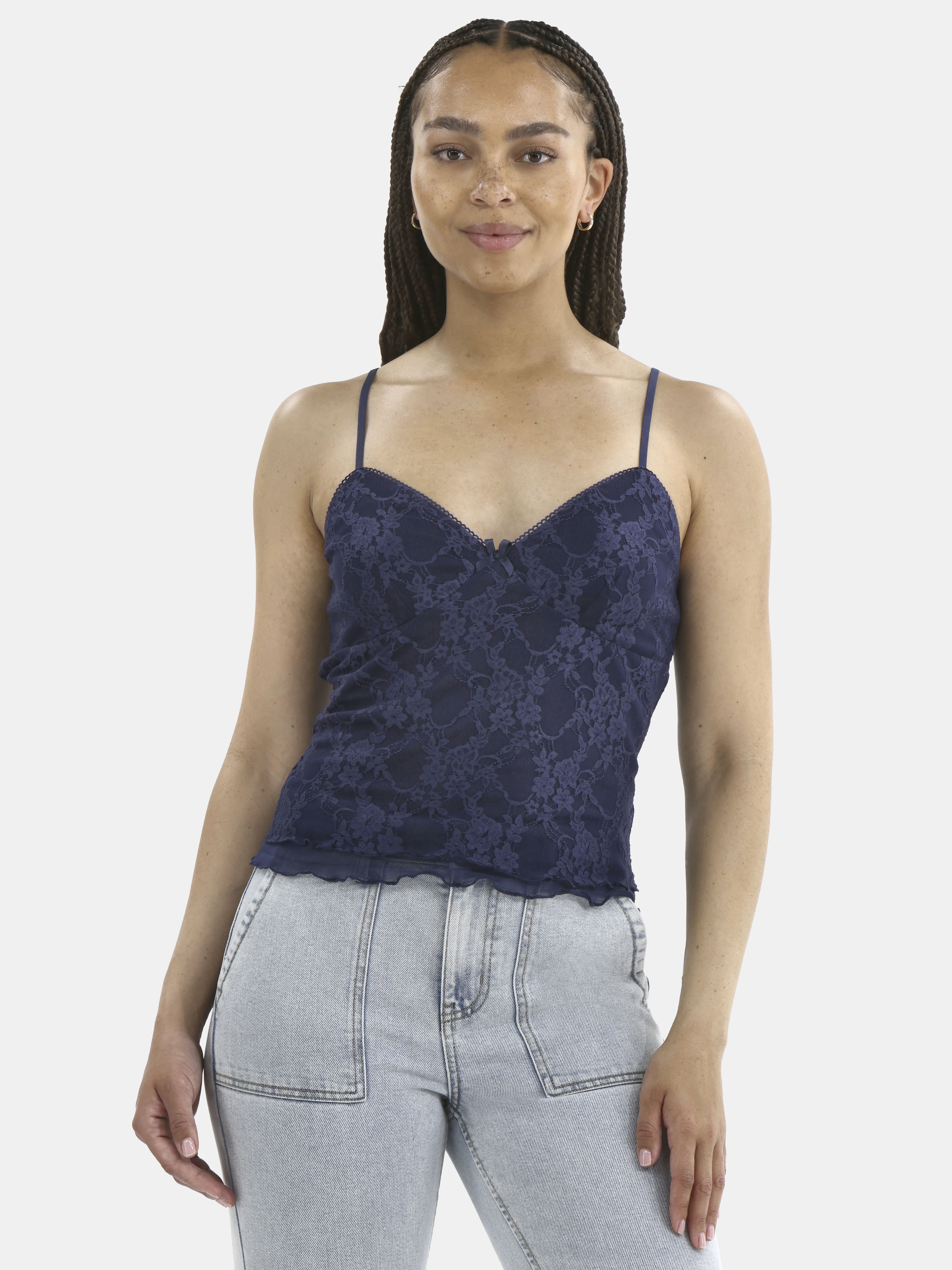 POL Clothing Lace Detail Floral V-Neck Womens Tank