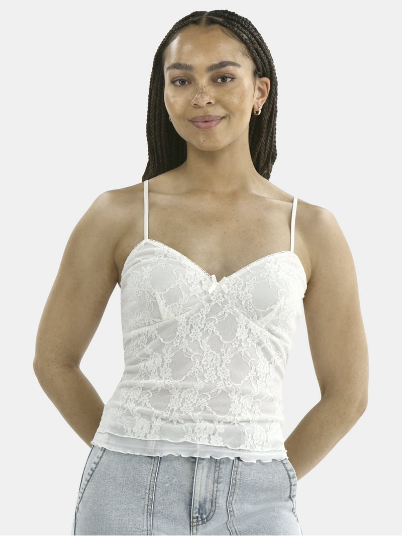 No Boundaries Lace Tank with Picot Trim for Women, Floral Lace