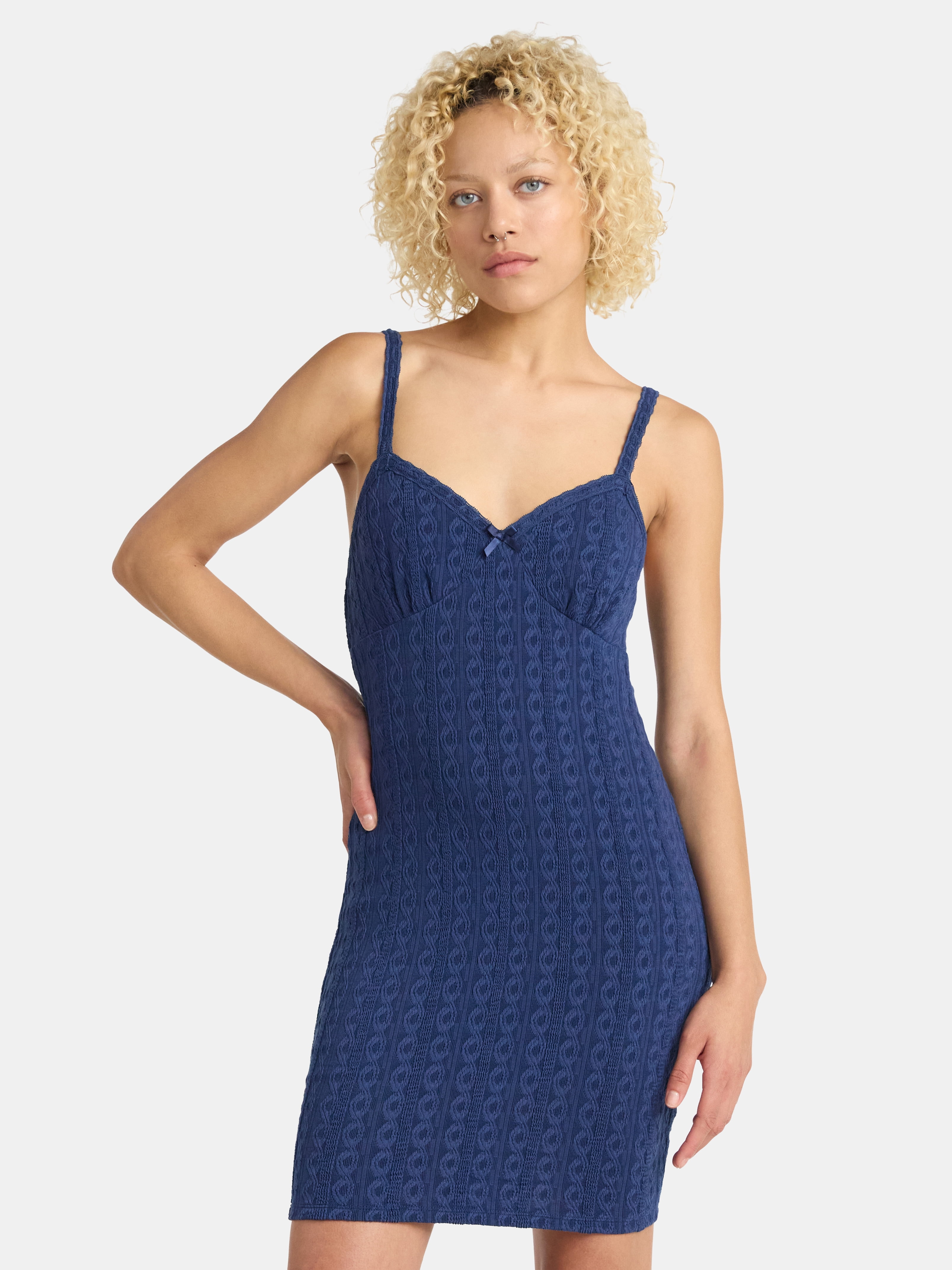 No Boundaries Cable Knit Mini Dress with Lace Trim, Women’s
