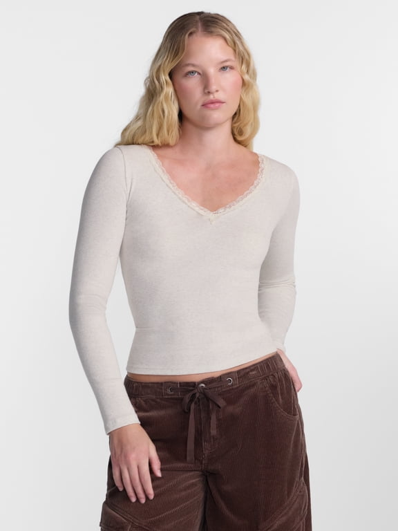 Lace Trim V Neck Top with Long Sleeves, Women’s XXS-XXL