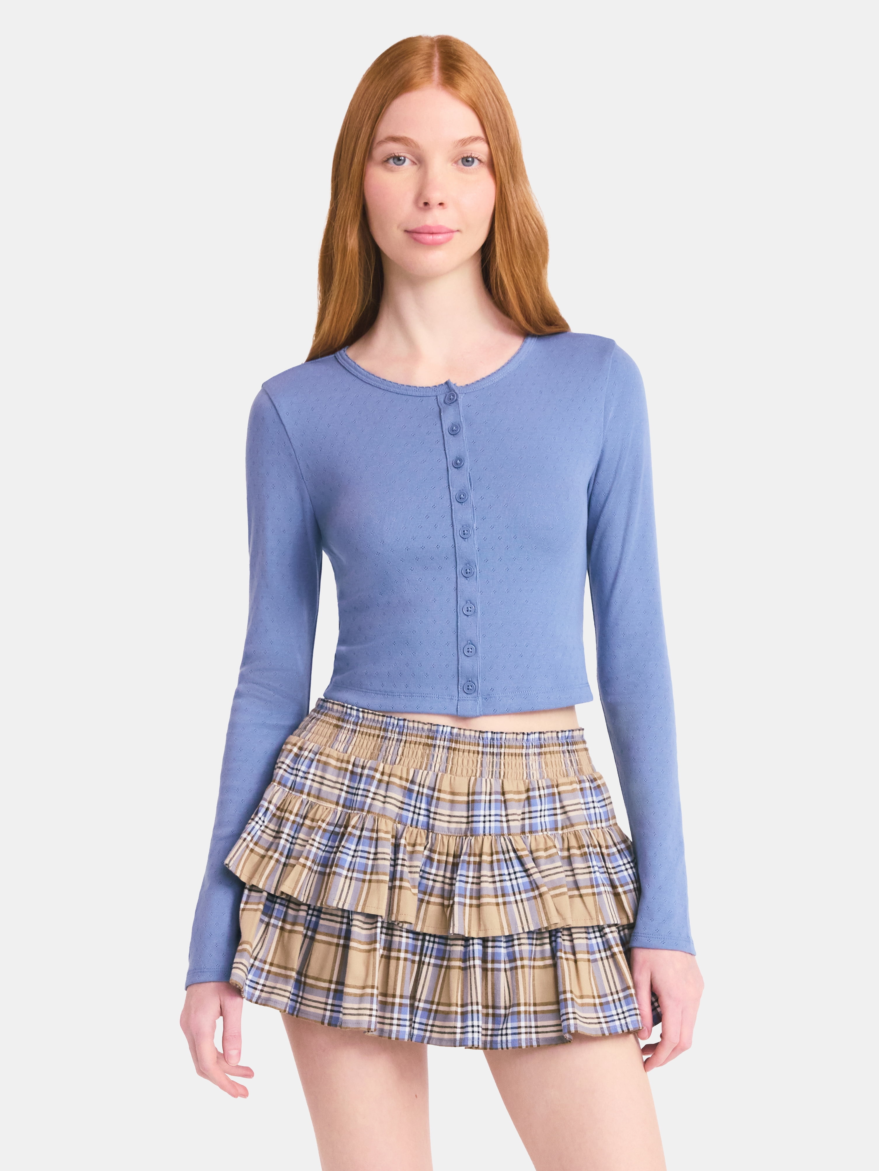 No Boundaries Button-Front Pointelle Cardigan with Long Sleeves, Women's
