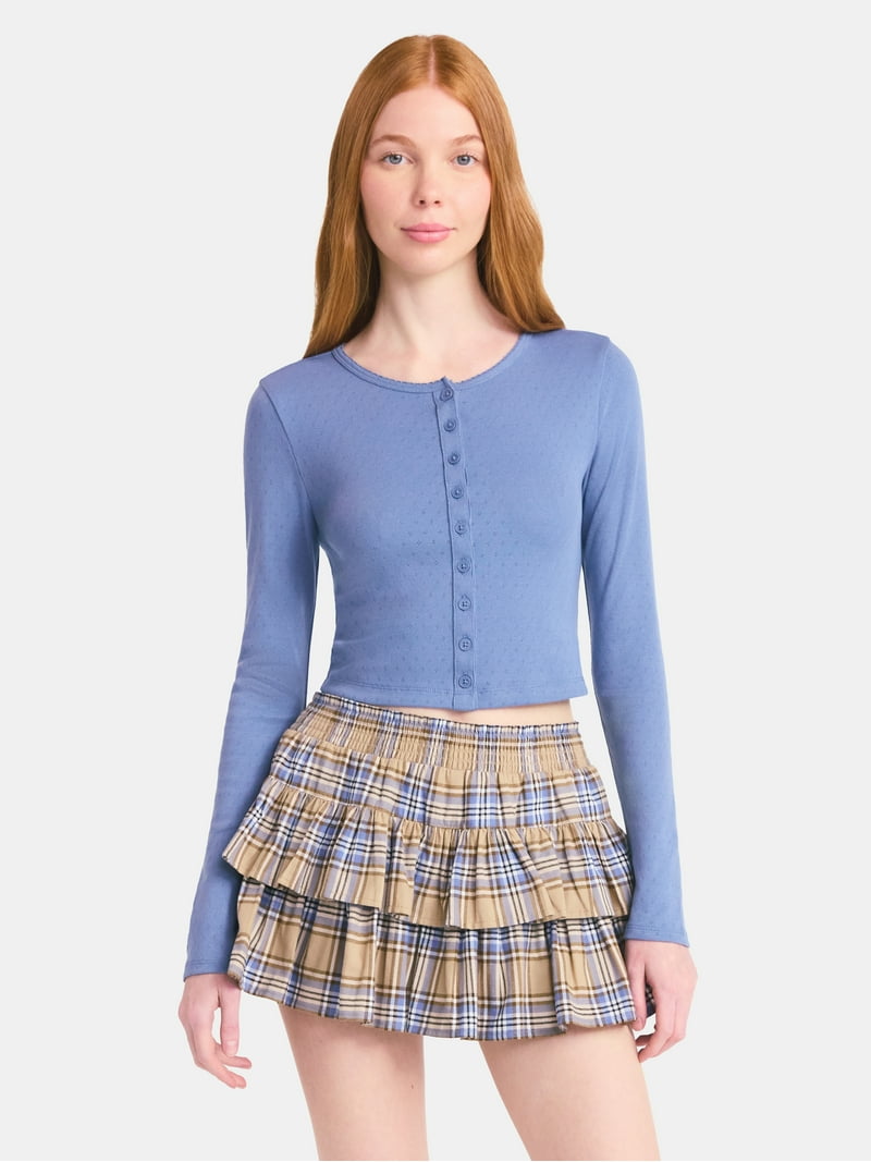 No Boundaries Button-Front Pointelle Cardigan with Long Sleeves, Women's