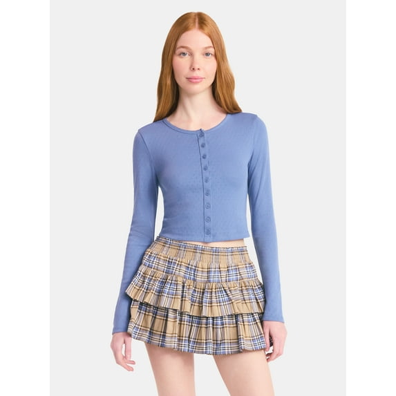 No Boundaries Button-Front Pointelle Cardigan with Long Sleeves, Women's