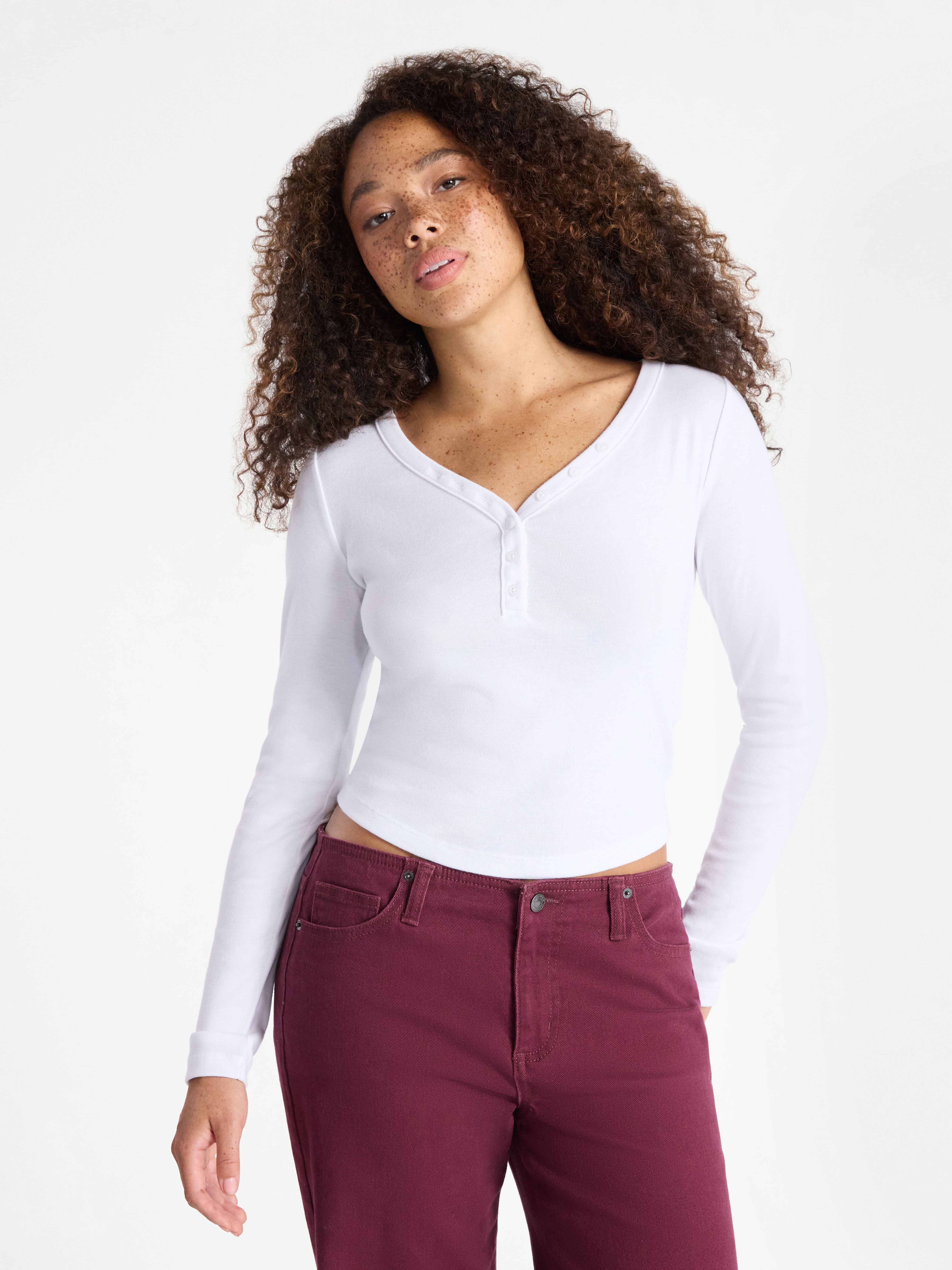 No Boundaries Henley Top with Long Sleeves, Women’s