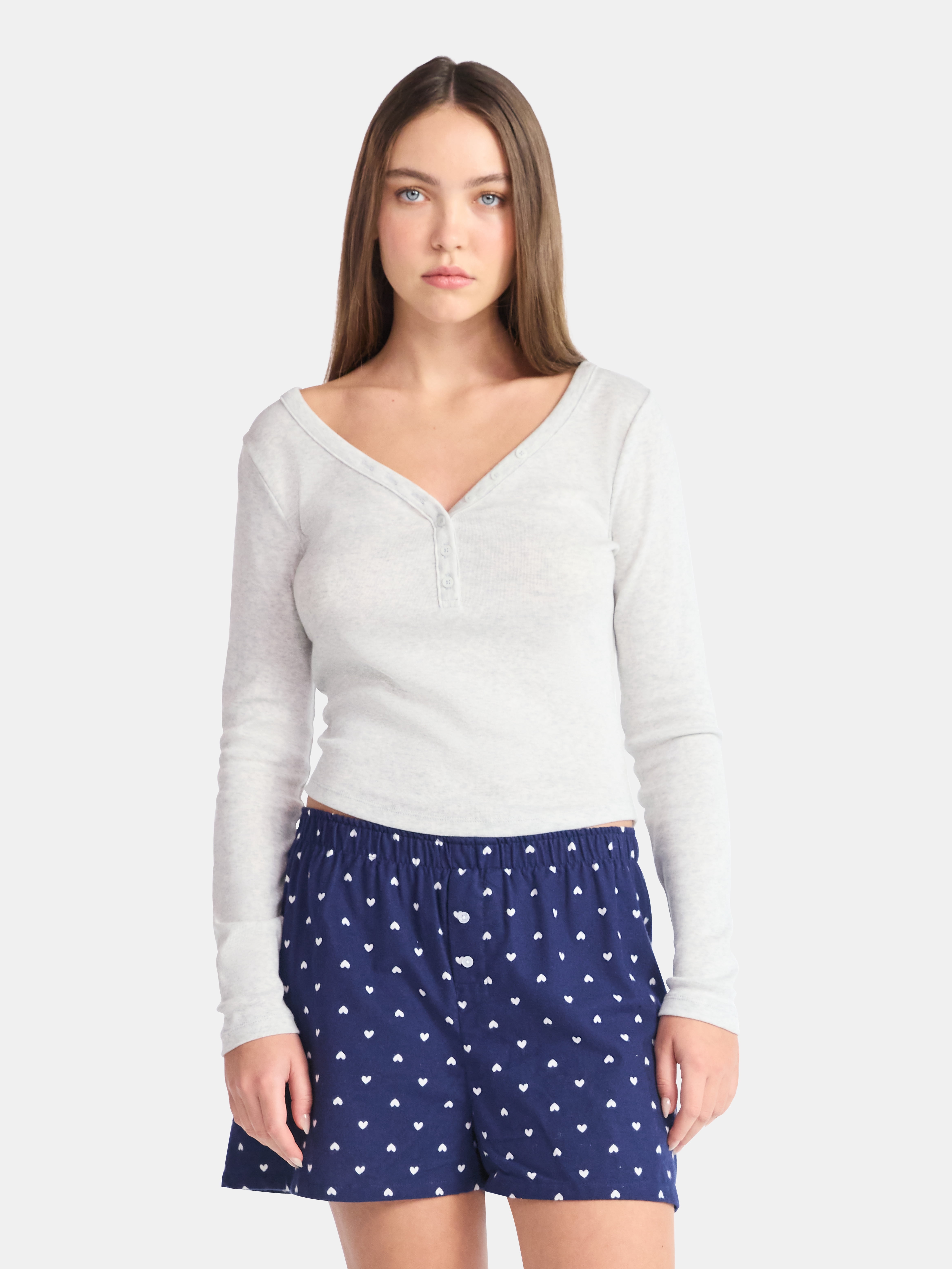 No Boundaries Henley Top with Long Sleeves, Women’s Sizes XXS-XXL