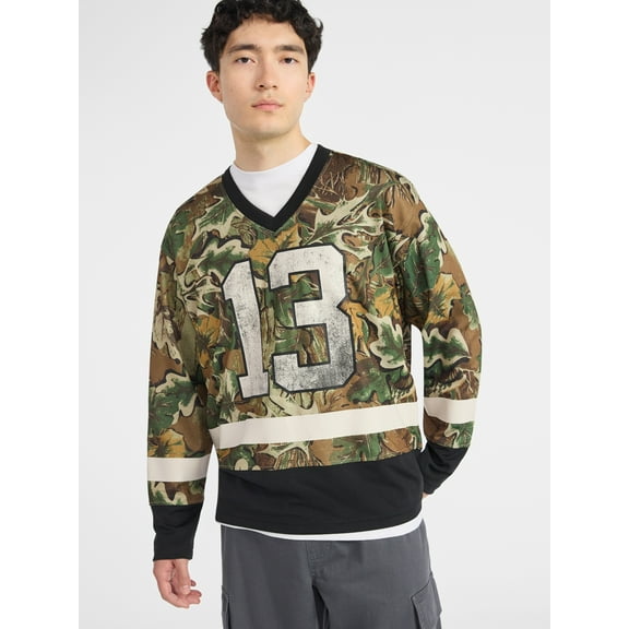 No Boundaries Hockey Jersey Style Shirt with Long Sleeves, Men's and Big Men's