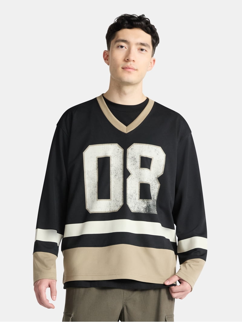 No Boundaries Hockey Jersey Style Shirt with Long Sleeves, Men's