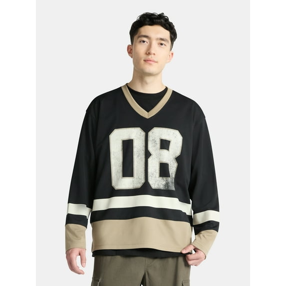 No Boundaries Hockey Jersey Style Shirt with Long Sleeves, Men's and Big Men's