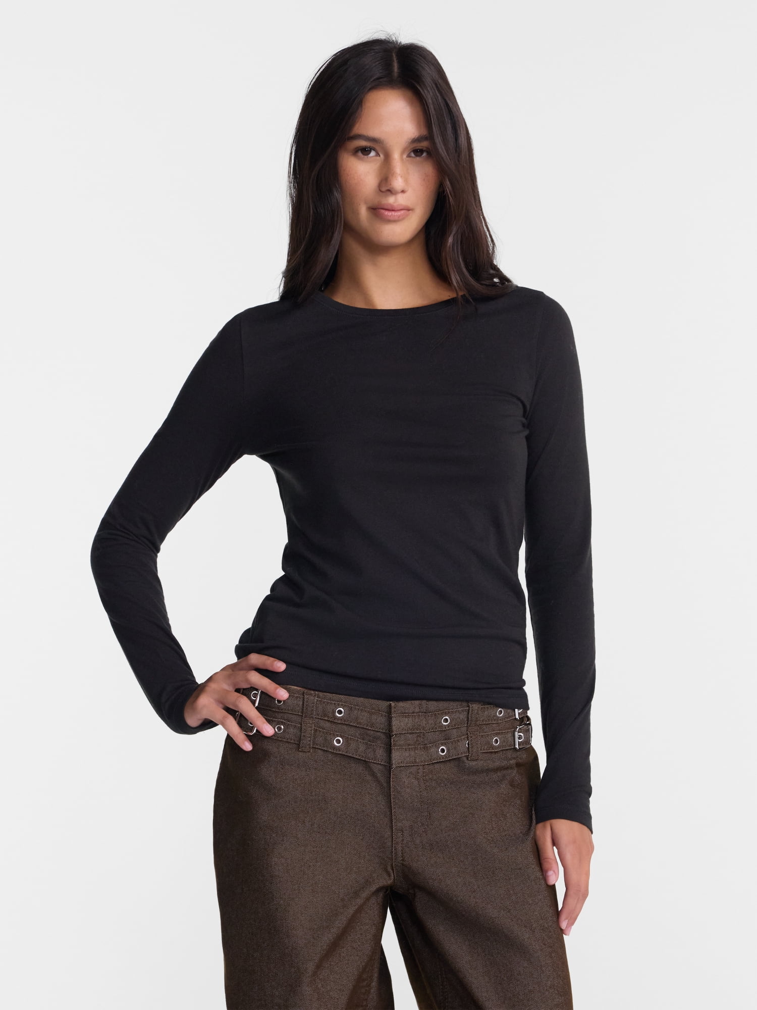 No Boundaries Crewneck Tee with Long Sleeves, Women's XXS-XXL