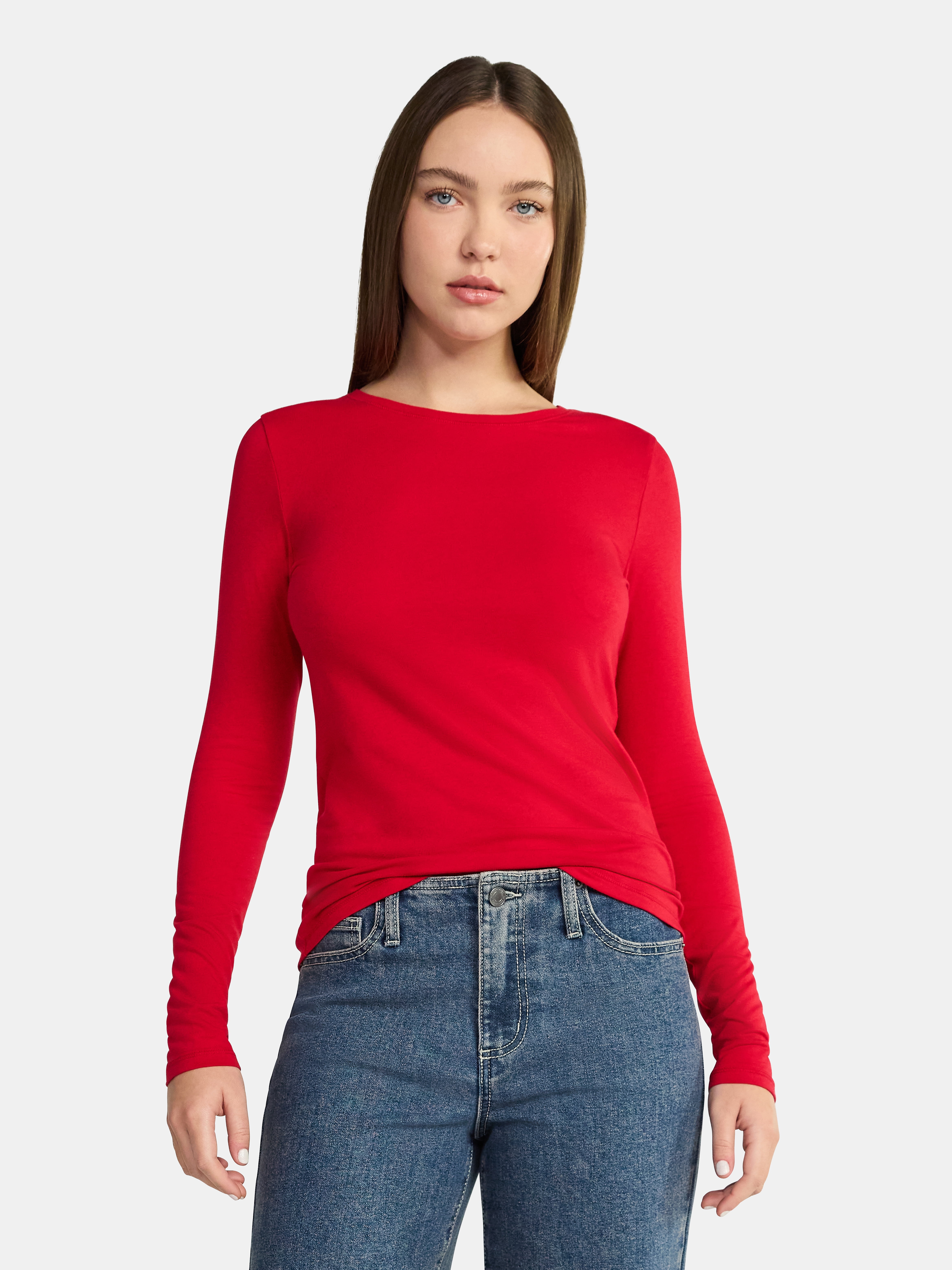 No Boundaries Crewneck Tee with Long Sleeves, Women's & Women's Plus XXS-4X