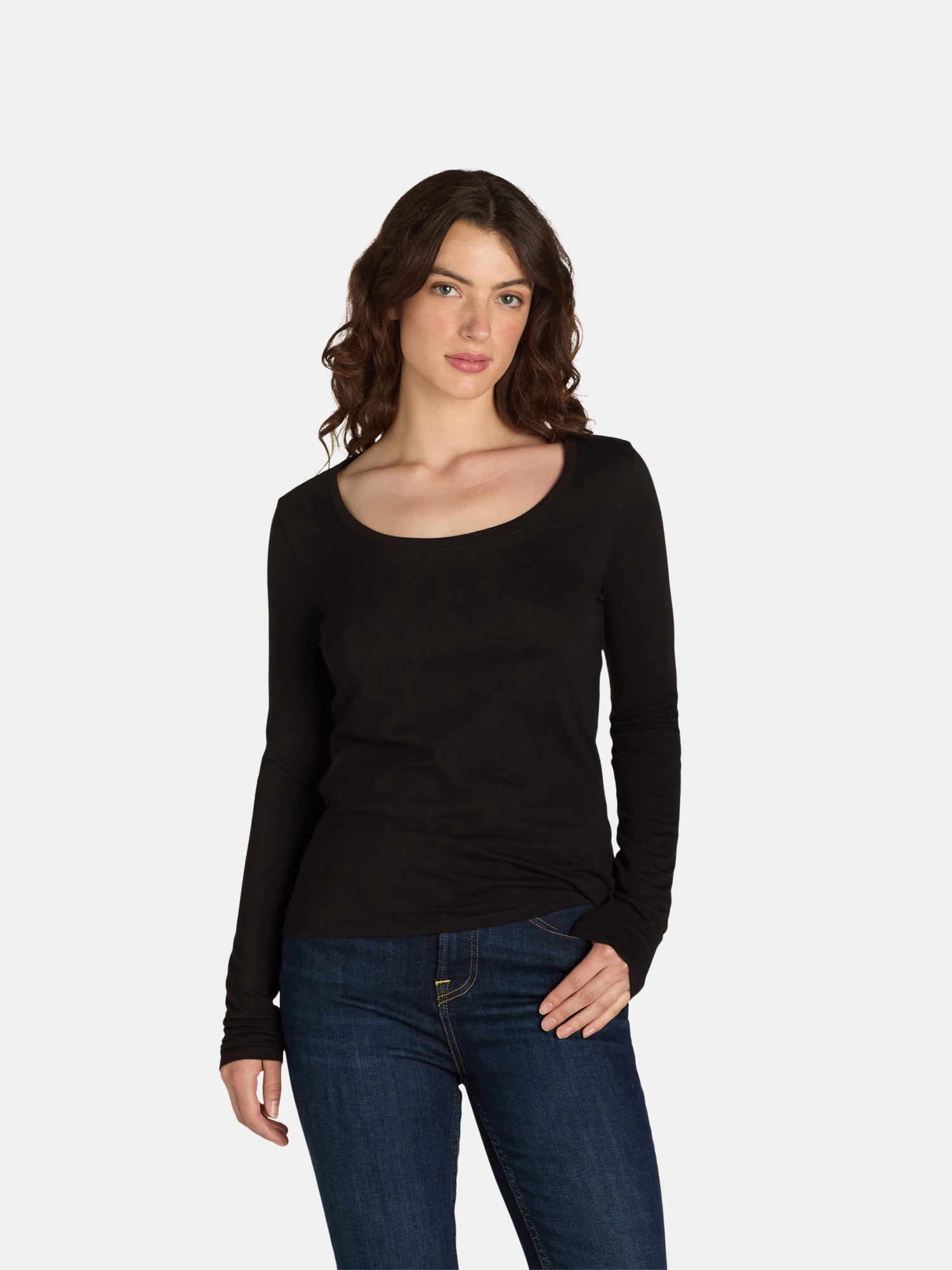 No Boundaries Scoop Neck Everyday Tee with Long Sleeves, 1 and 3 Pack, Women's
