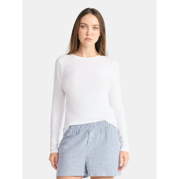 No Boundaries Crewneck Tee with Long Sleeves, Women's & Women's Plus XXS-4X