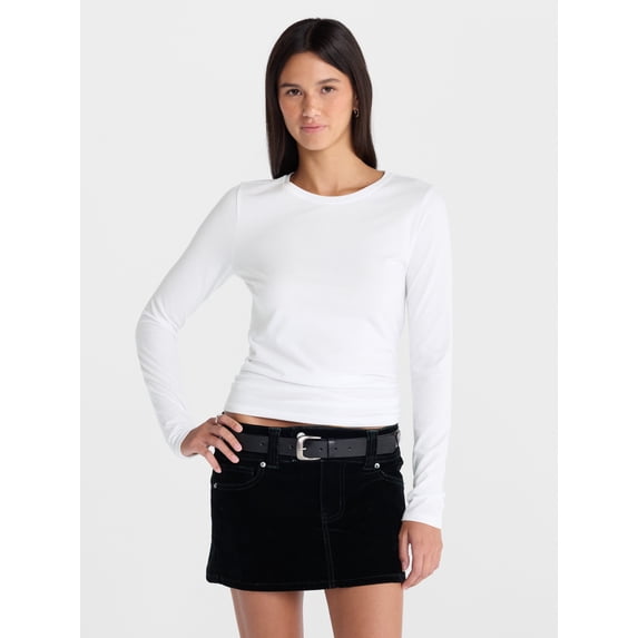 No Boundaries Crewneck Tee with Long Sleeves, Women's XXS-XXL