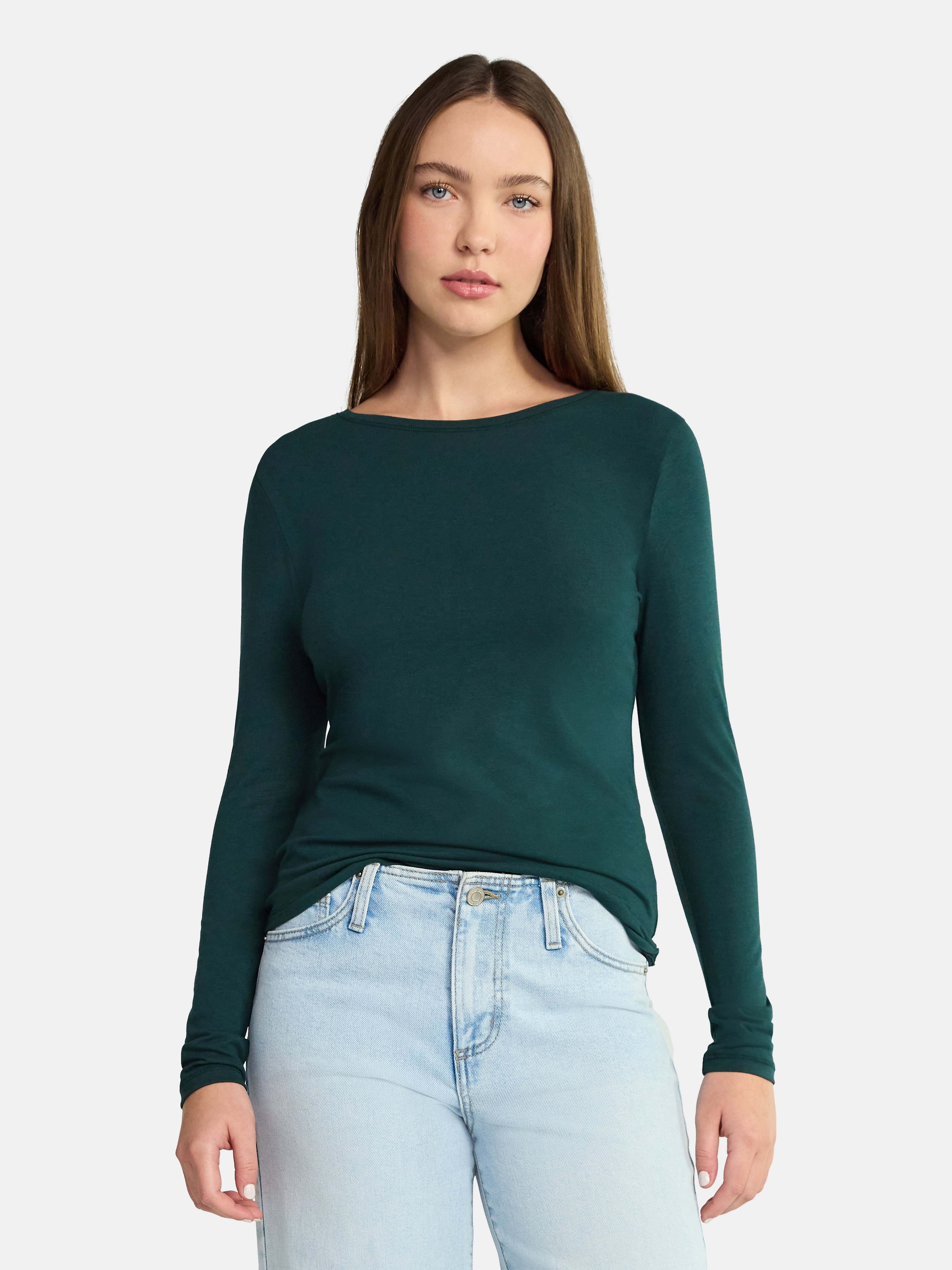 No Boundaries Crewneck Tee with Long Sleeves, Women's & Women's Plus XXS-4X