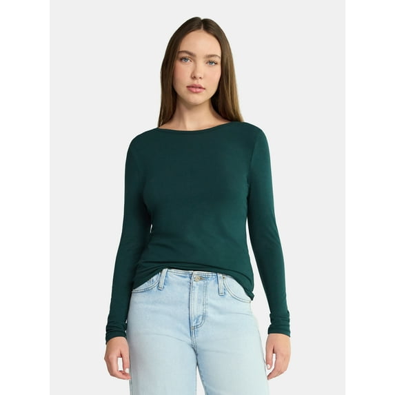 No Boundaries Crewneck Tee with Long Sleeves, Women's & Women's Plus XXS-4X