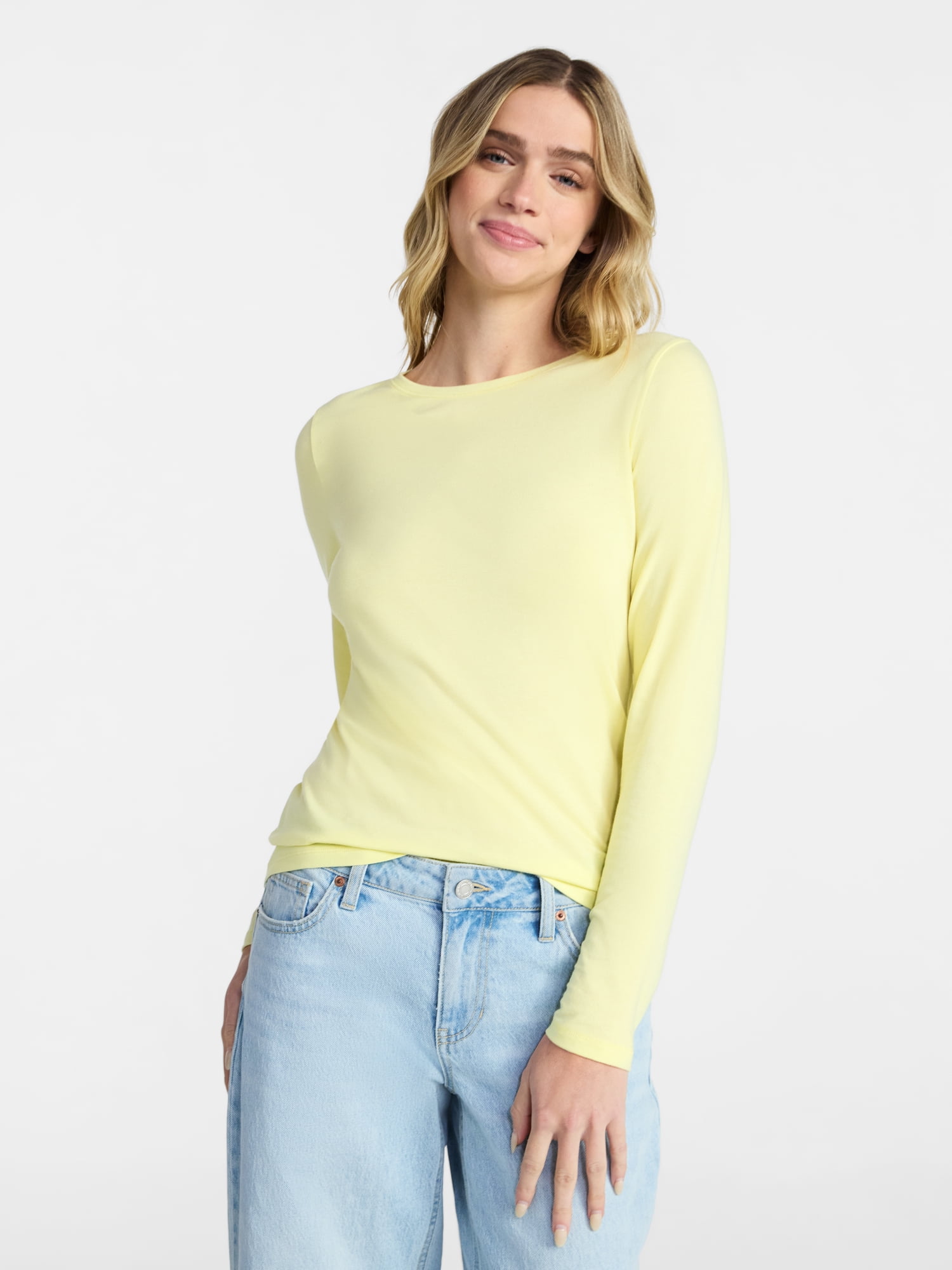 No Boundaries Crewneck Tee with Long Sleeves, Women's & Women's XXS-4X