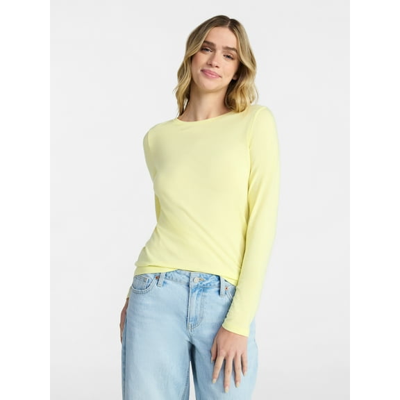 No Boundaries Crewneck Tee with Long Sleeves, Women's & Women's Plus XXS-4X