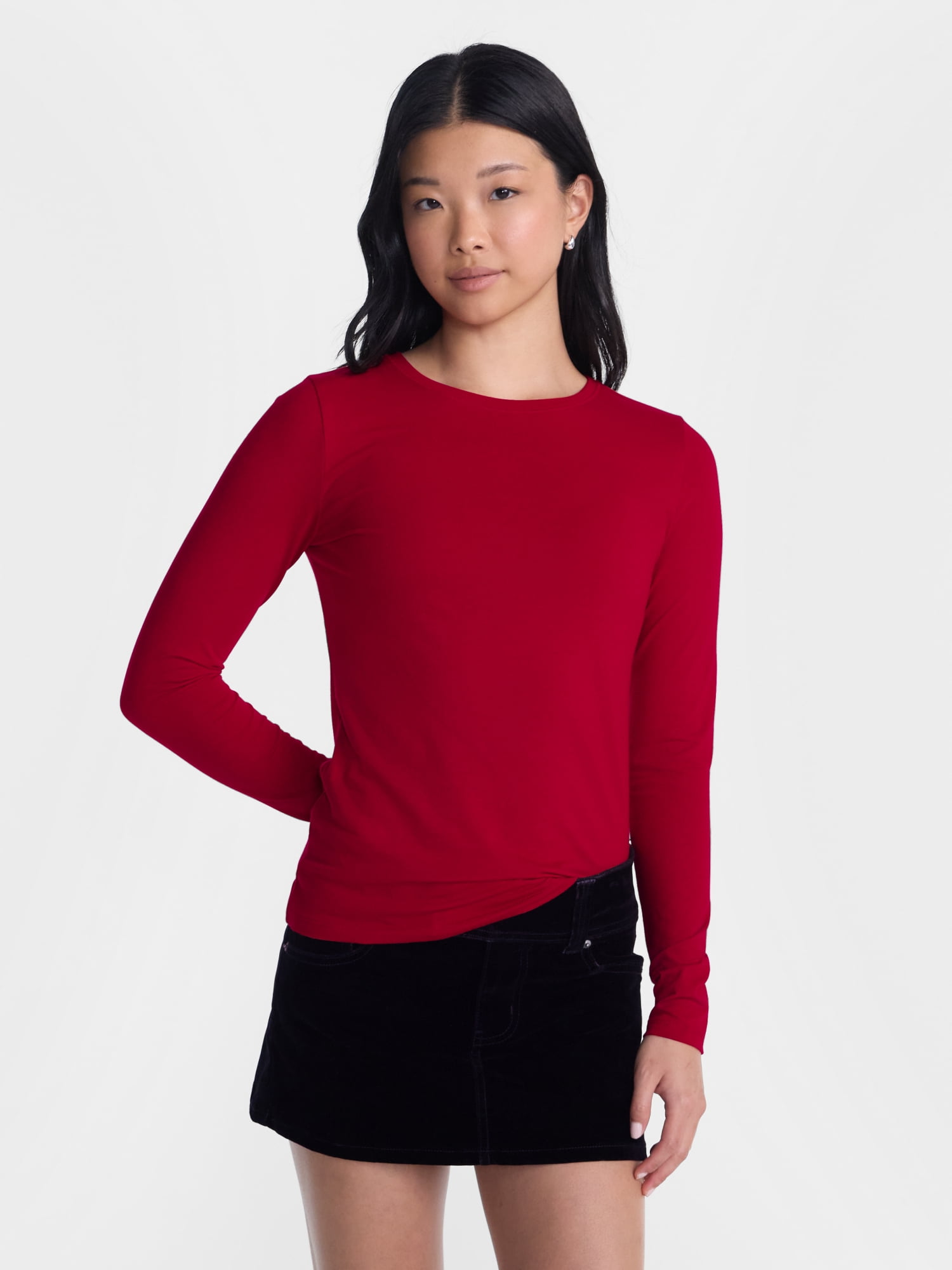 No Boundaries Crewneck Tee with Long Sleeves, Women's XXS-XXL