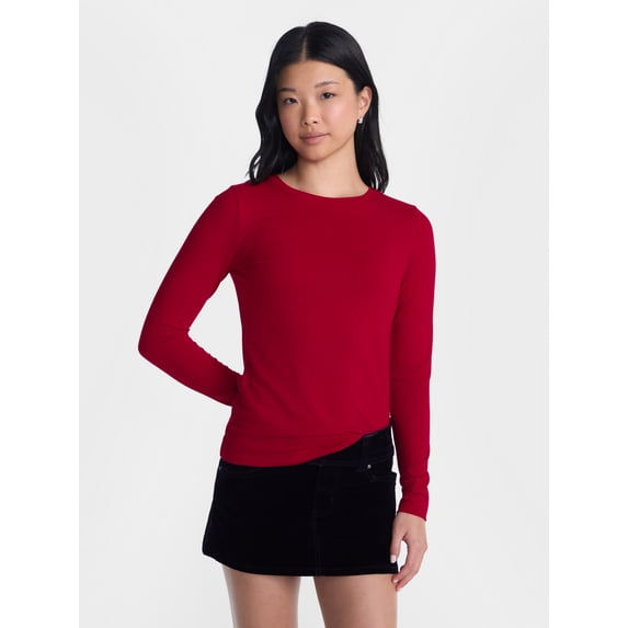 No Boundaries Crewneck Tee with Long Sleeves, Women's XXS-XXL