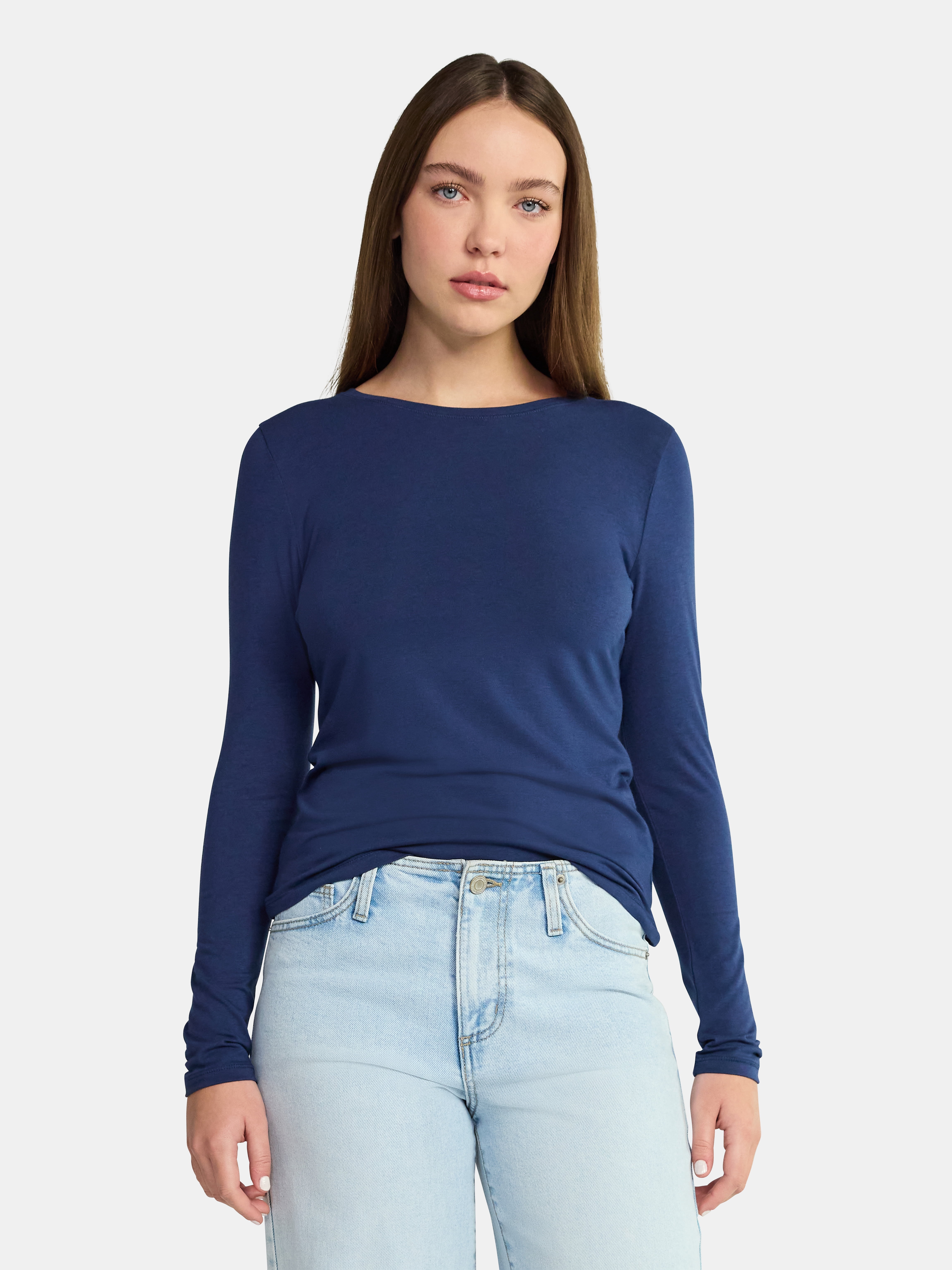 No Boundaries Crewneck Tee with Long Sleeves, Women's & Women's XXS-4X