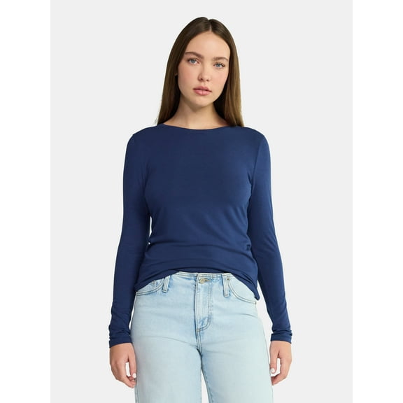 No Boundaries Crewneck Tee with Long Sleeves, Women's & Women's Plus XXS-4X