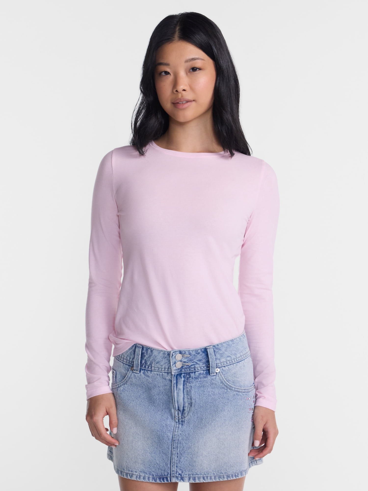 No Boundaries Crewneck Tee with Long Sleeves, Women's XXS-XXL