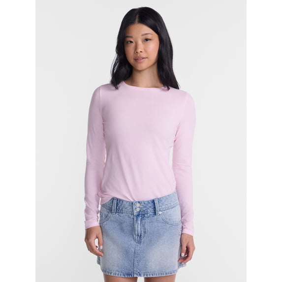 No Boundaries Crewneck Tee with Long Sleeves, Women's XXS-XXL