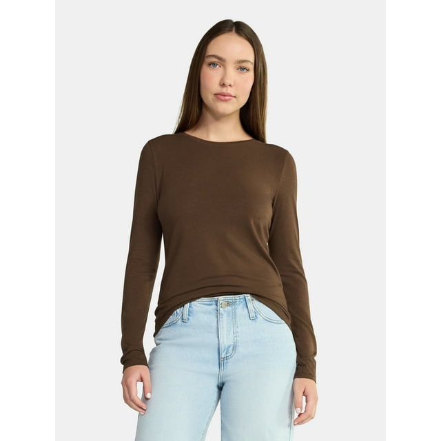 No Boundaries Crewneck Tee with Long Sleeves, Women's & Women's Plus XXS-4X