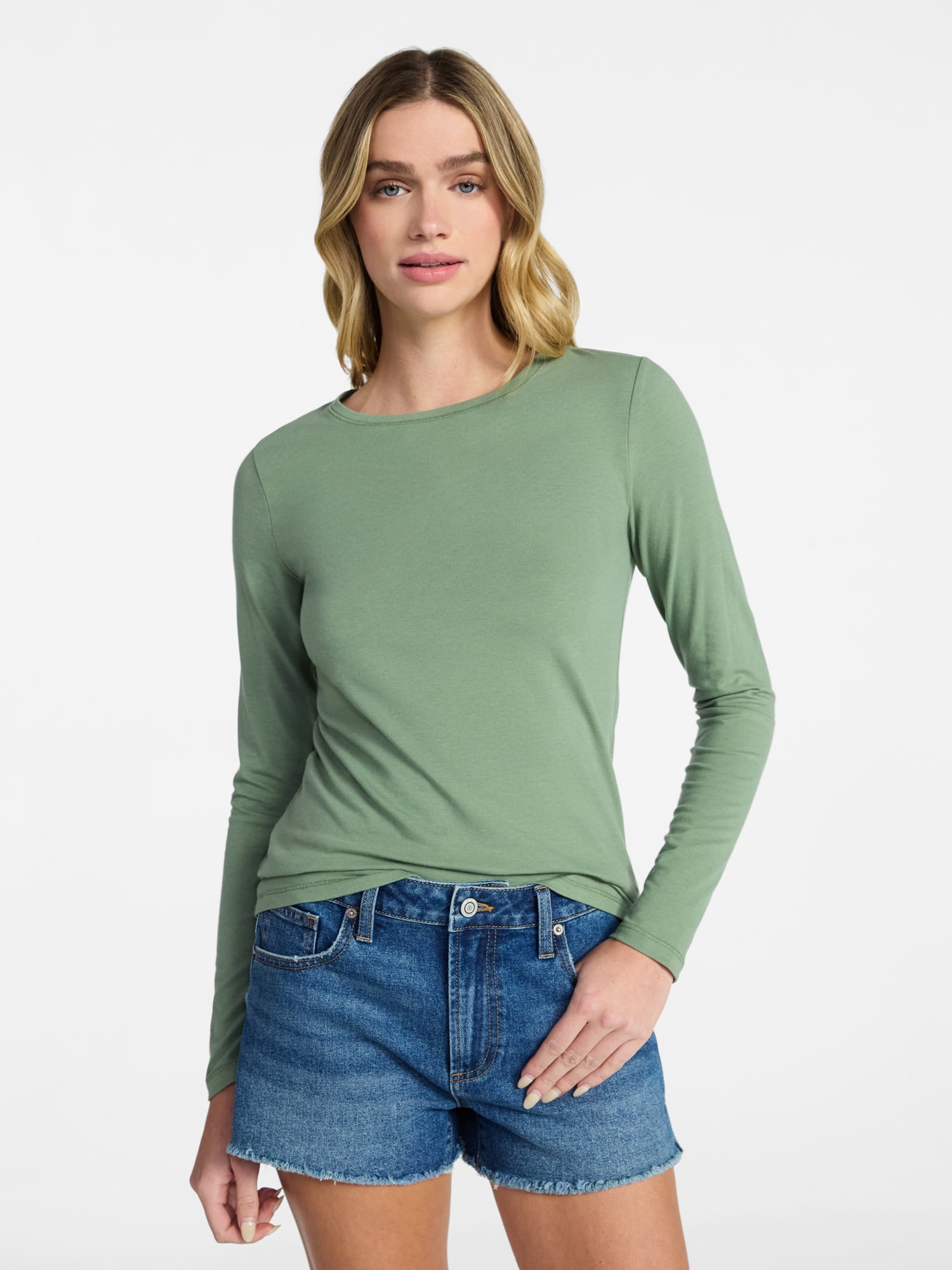 No Boundaries Crewneck Tee with Long Sleeves, Women's & Women's XXS-4X