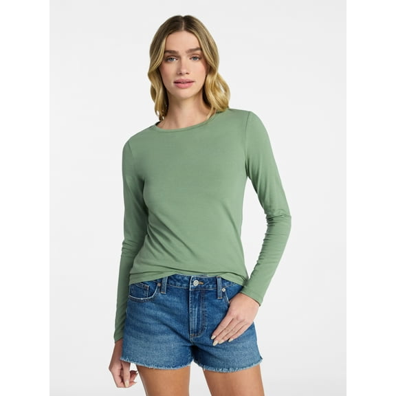 No Boundaries Crewneck Tee with Long Sleeves, Women's & Women's Plus XXS-4X