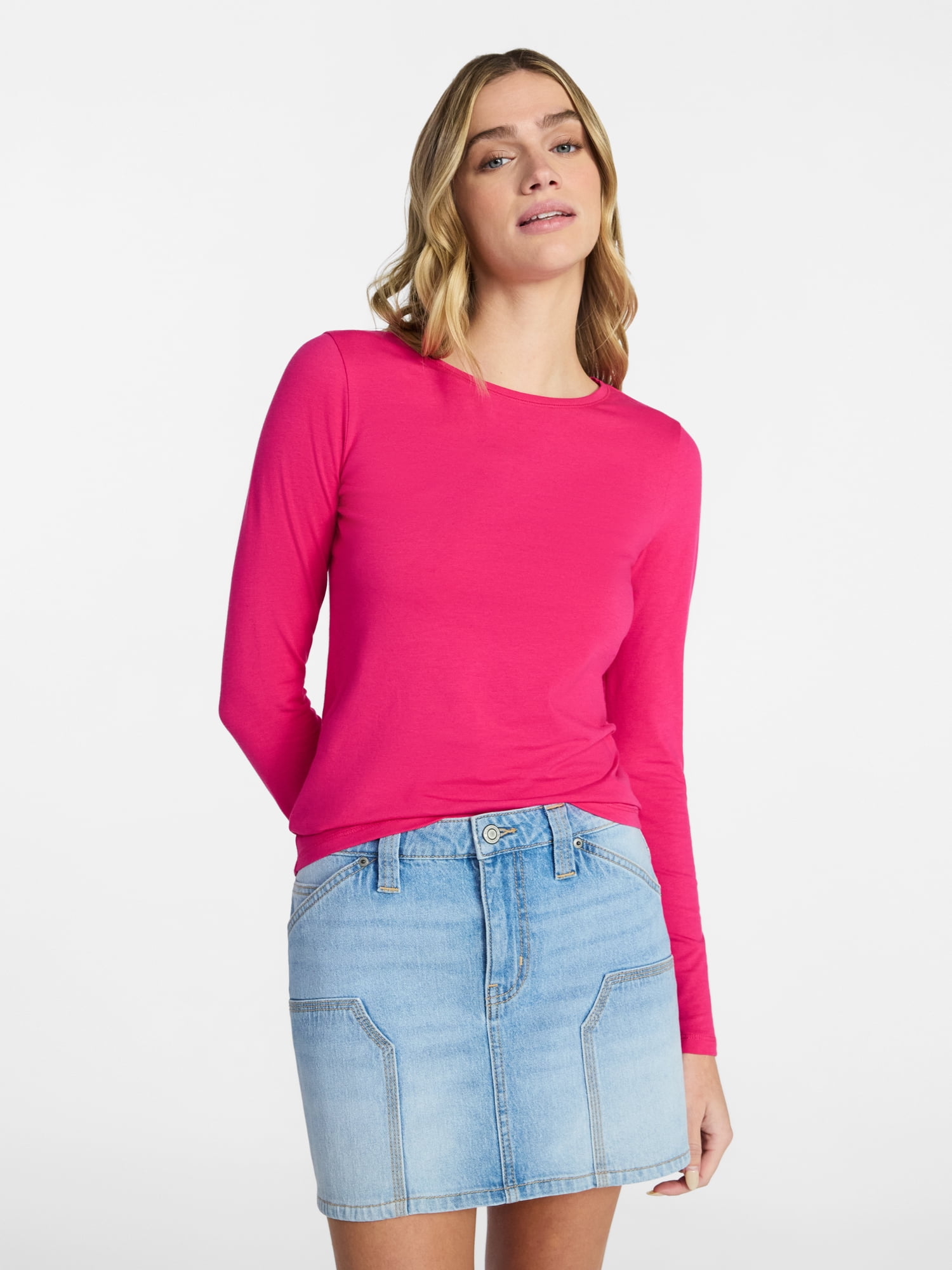 No Boundaries Crewneck Tee with Long Sleeves, Women's & Women's Plus XXS-4X