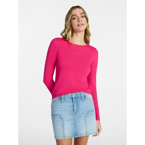 No Boundaries Crewneck Tee with Long Sleeves, Women's & Women's Plus XXS-4X