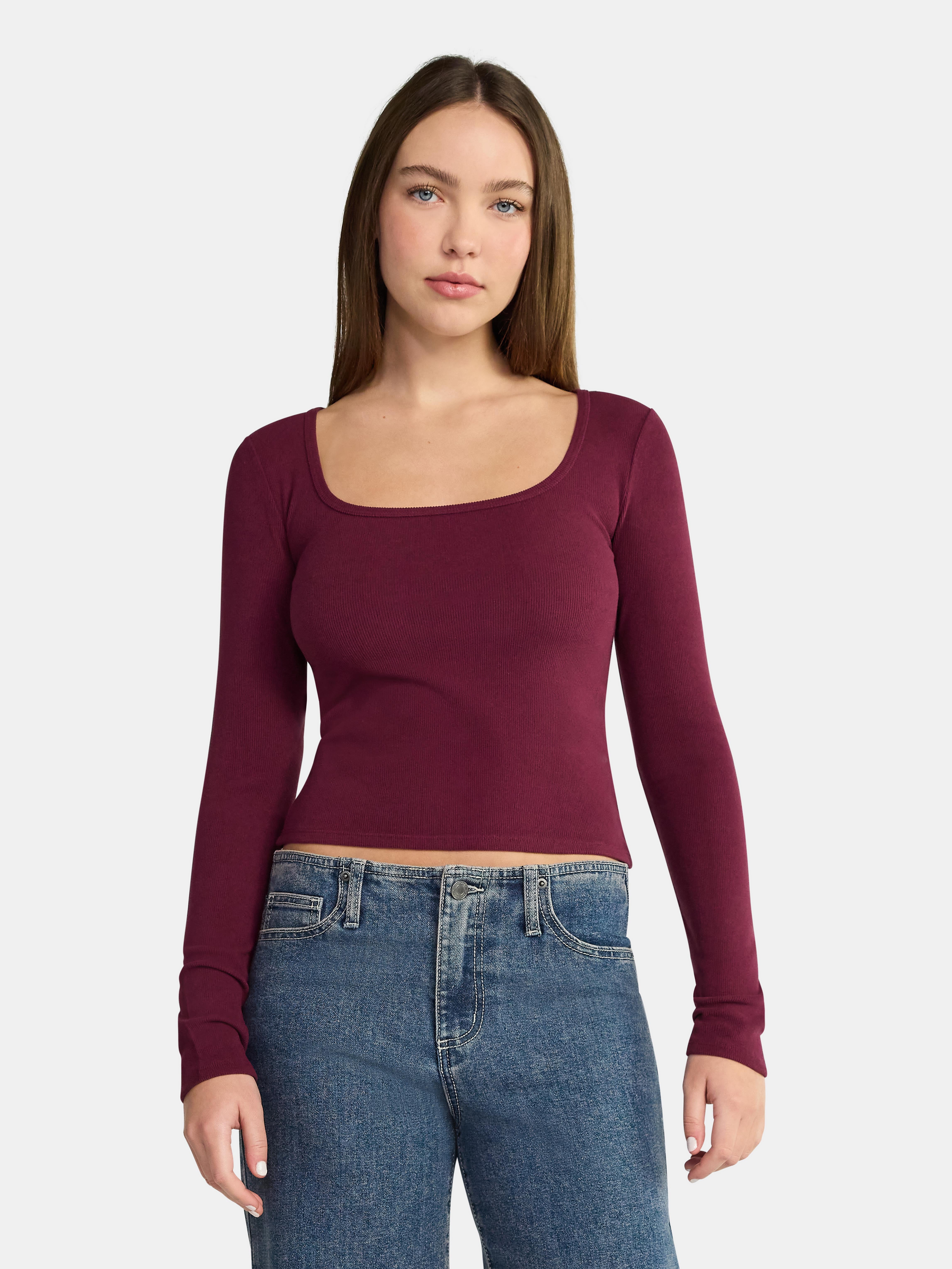 No Boundaries Square Neck Tee with Long Sleeves, Women's