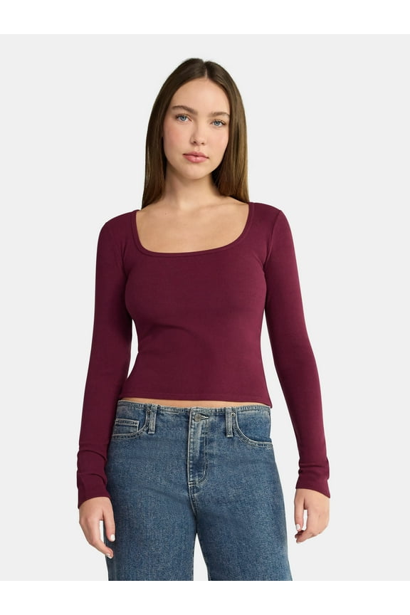 Square Neck Tee with Long Sleeves, Women's