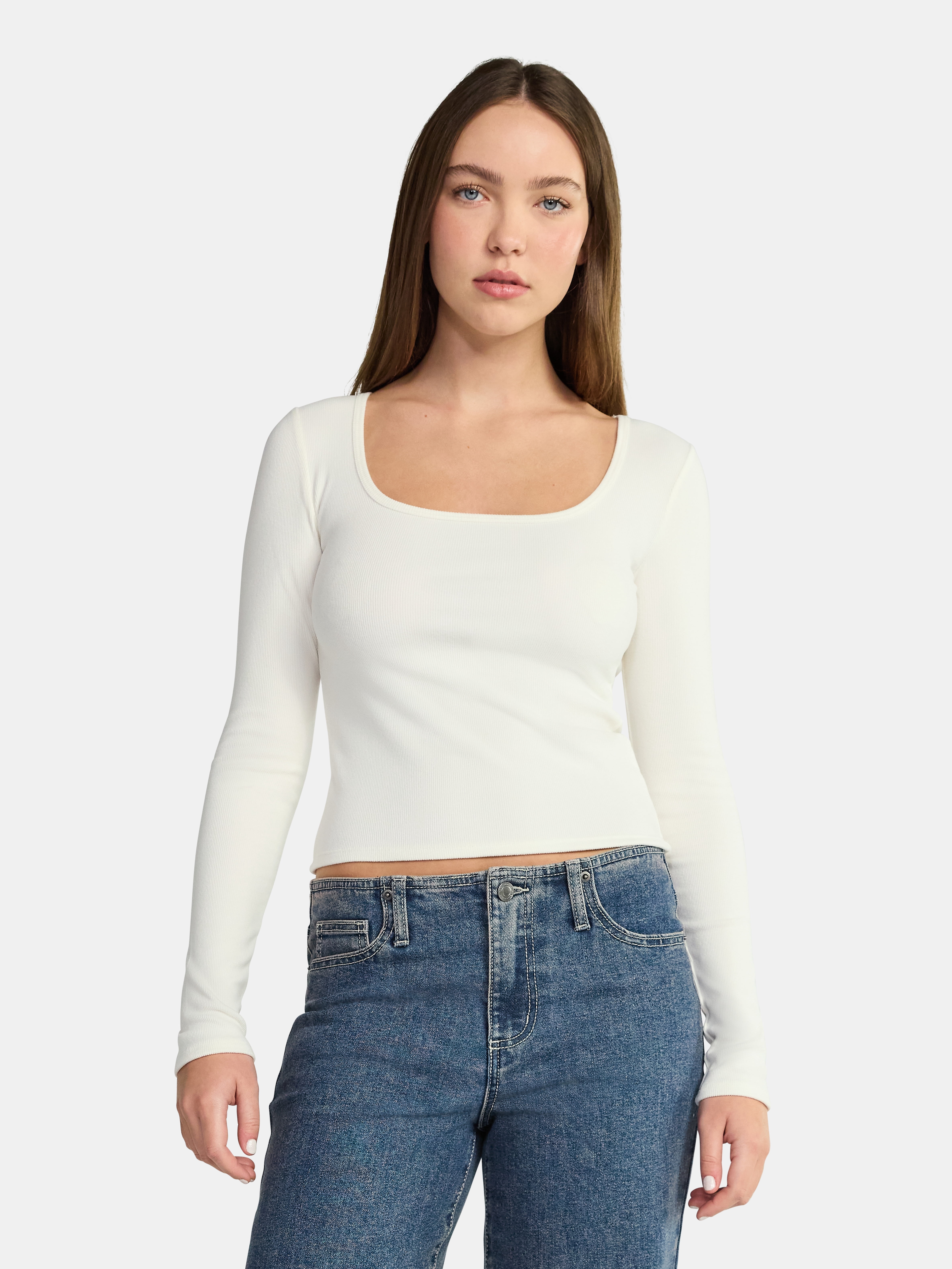 No Boundaries Square Neck Tee with Long Sleeves, Women's