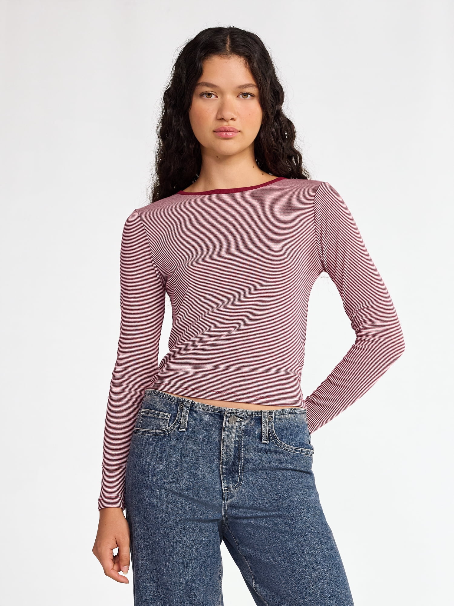 No Boundaries Striped Tee with Long Sleeves, Women's