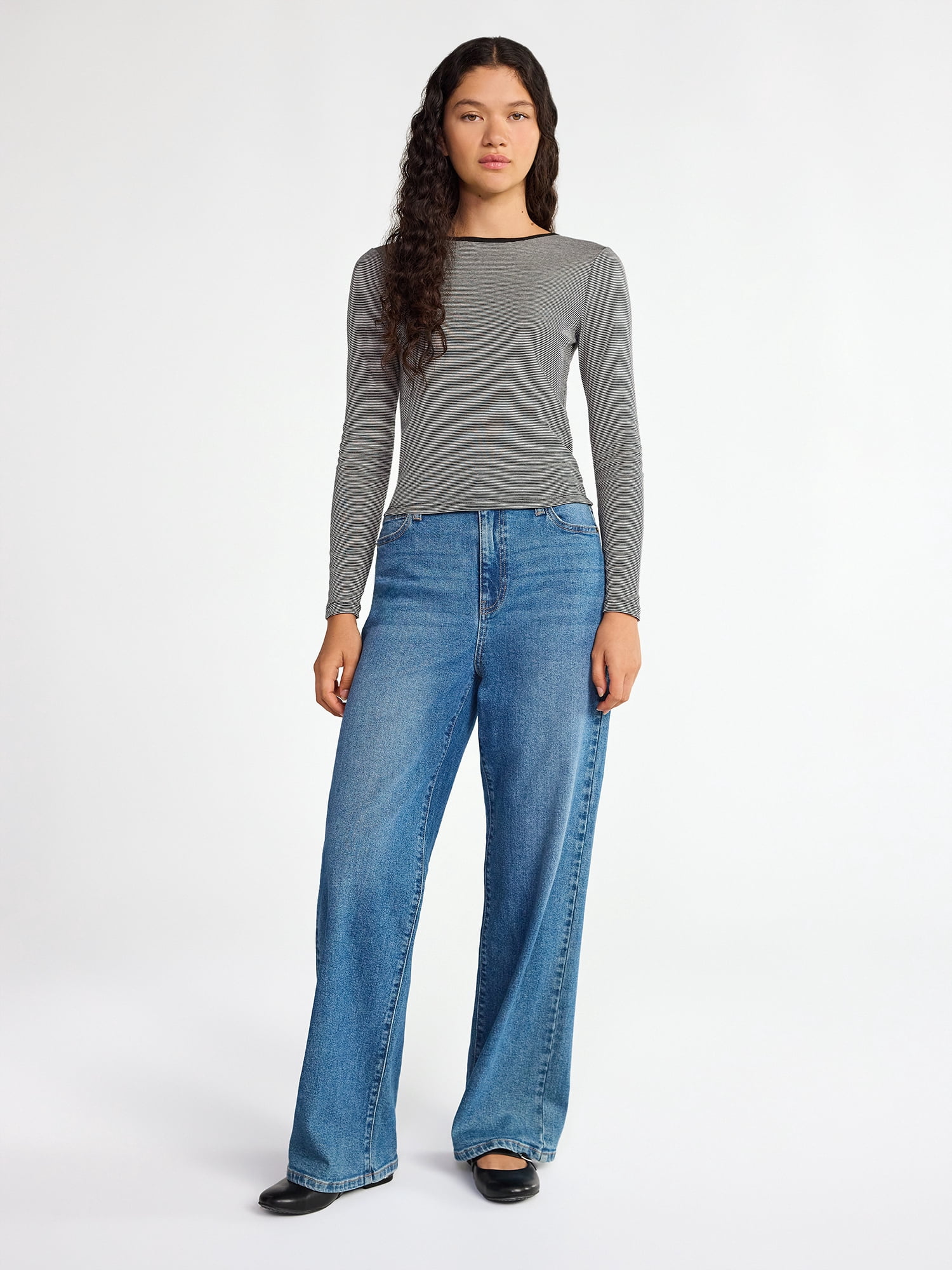 No Boundaries Striped Tee with Long Sleeves, Women's