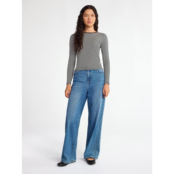 No Boundaries Striped Tee with Long Sleeves, Women's