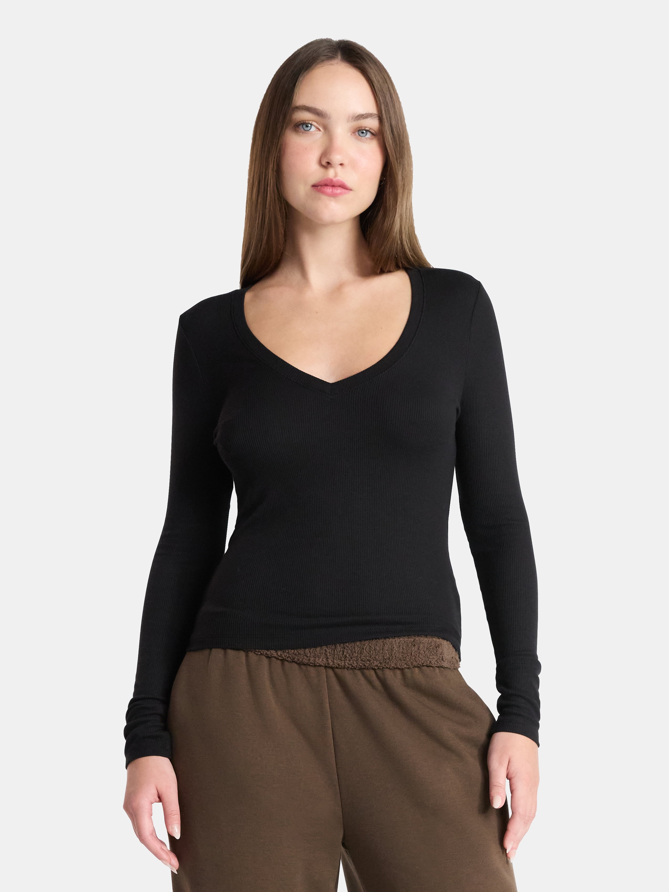 V-Neck Ribbed Top with Long Sleeves, Women's