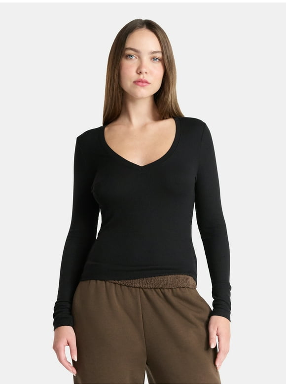 V-Neck Ribbed Top with Long Sleeves, Women’s
