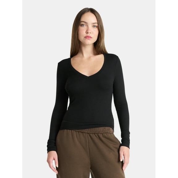No Boundaries V-Neck Ribbed Top with Long Sleeves, Women’s