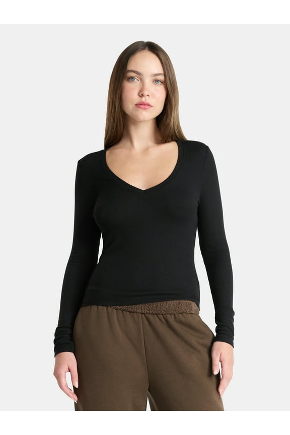 V-Neck Ribbed Top with Long Sleeves, Womens