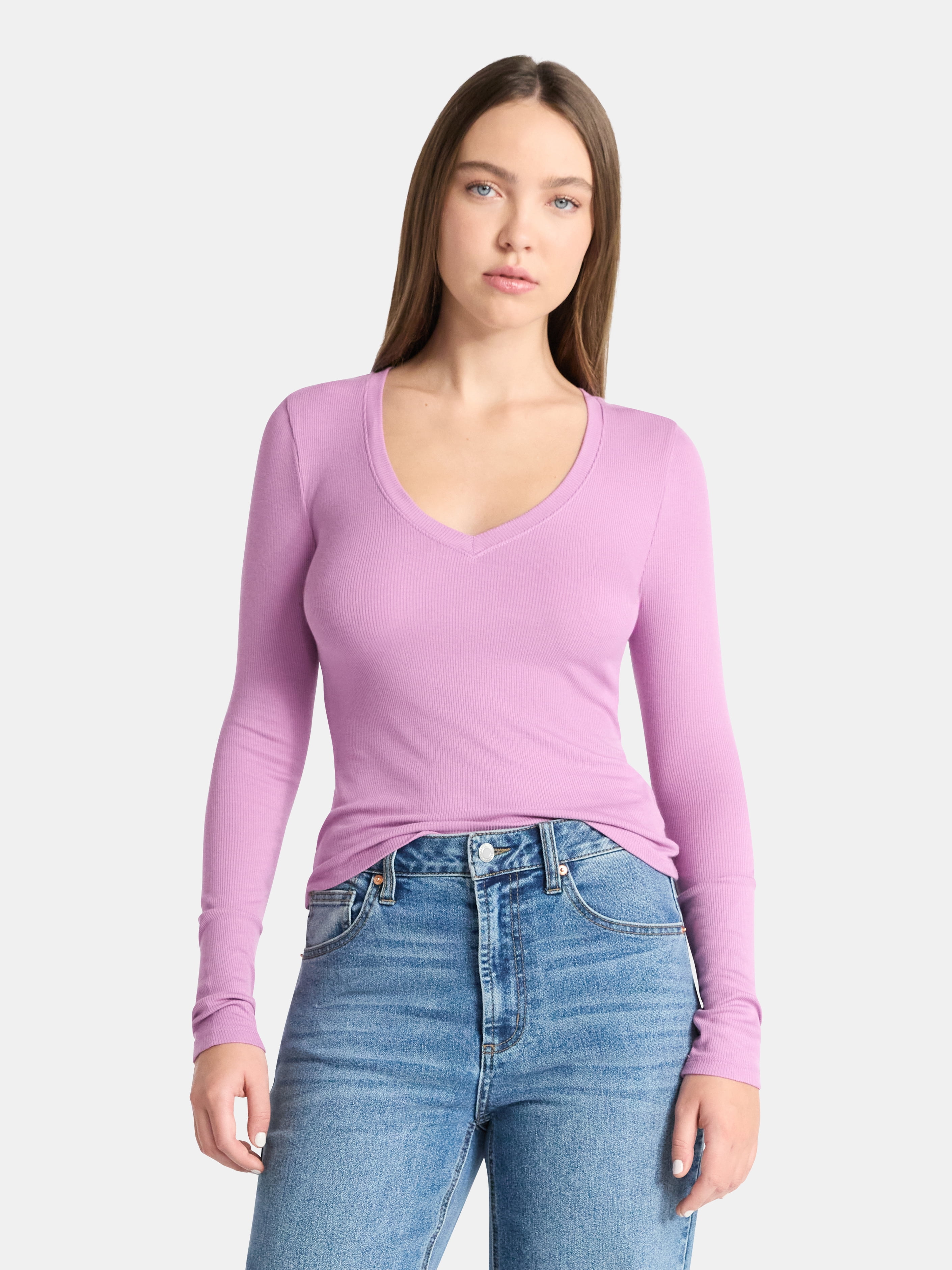 No Boundaries V-Neck Ribbed Top with Long Sleeves, Women’s