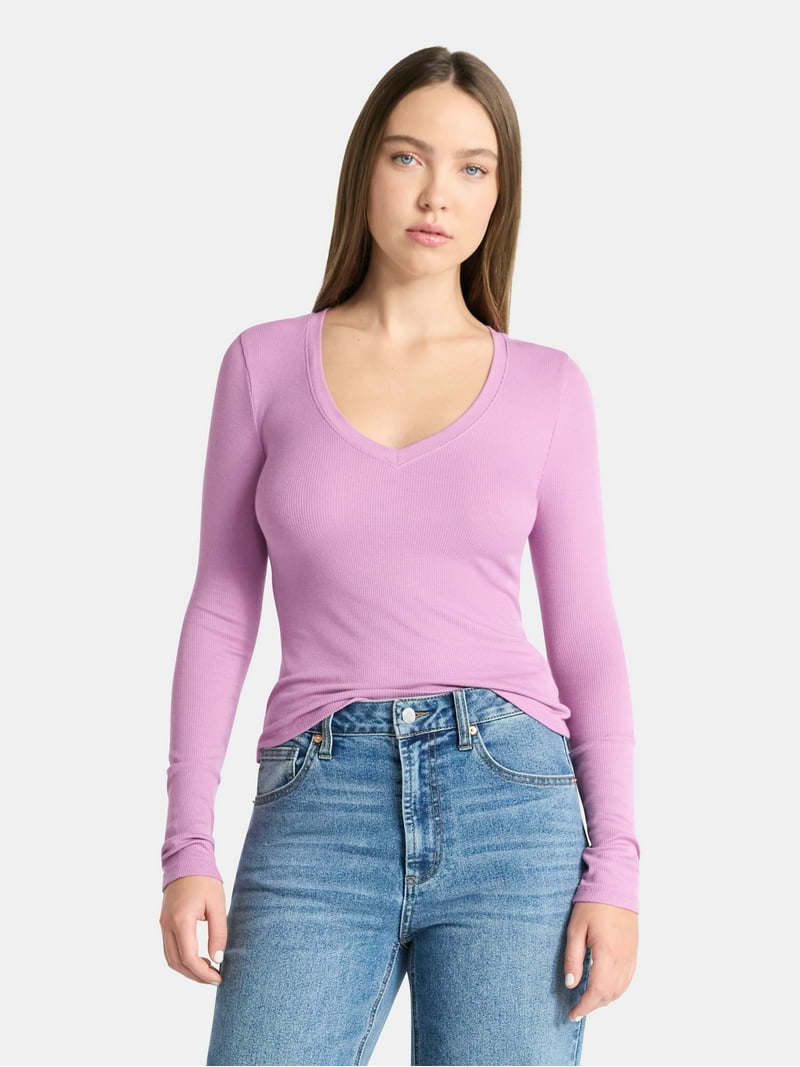 No Boundaries V-Neck Ribbed Top with Long Sleeves, Women's