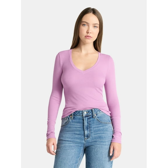 No Boundaries V-Neck Ribbed Top with Long Sleeves, Women’s