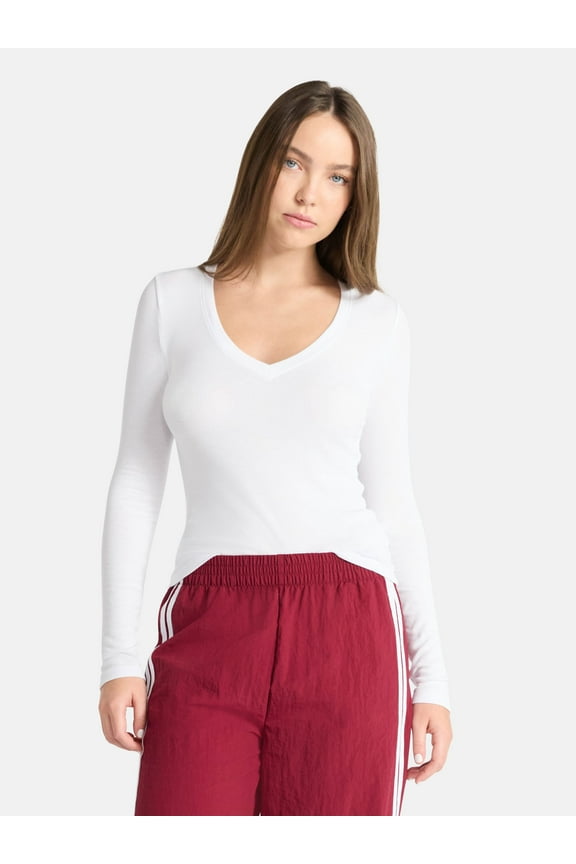 V-Neck Ribbed Top with Long Sleeves, Women’s