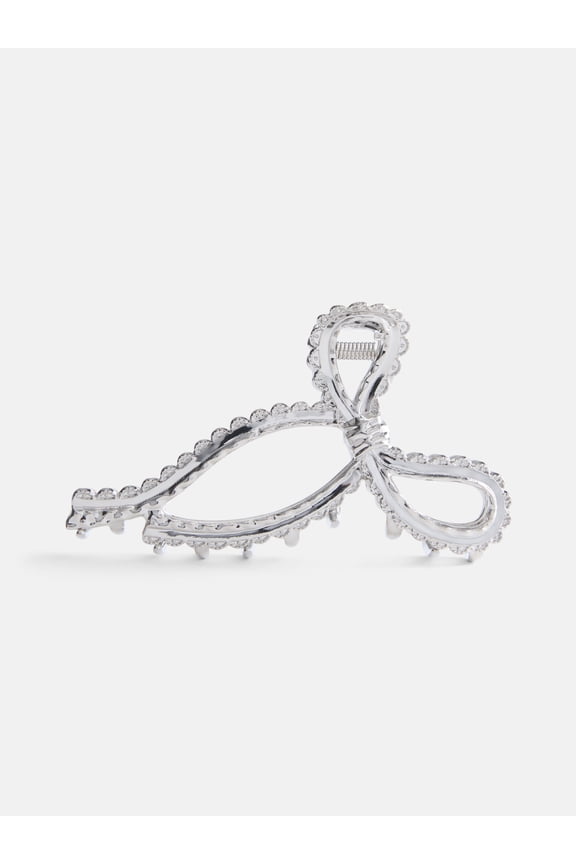 Metal Ribbon Bow Hair Claw Clip, Rhodium, One size