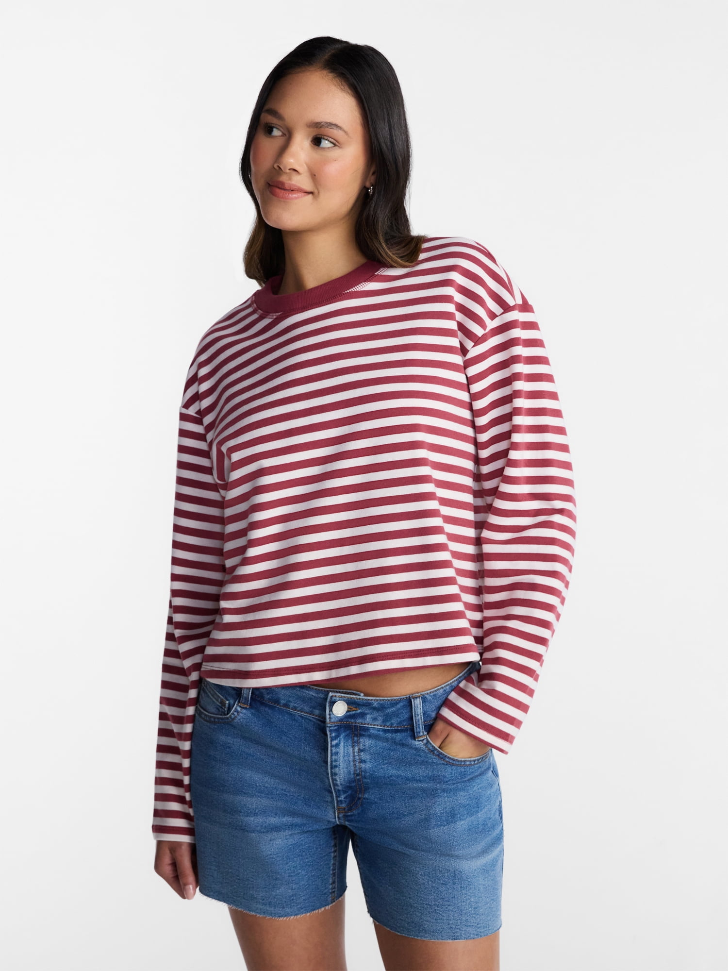 No Boundaries Oversize LS Stripe Tee, Women’s Sizes XXS-XXL