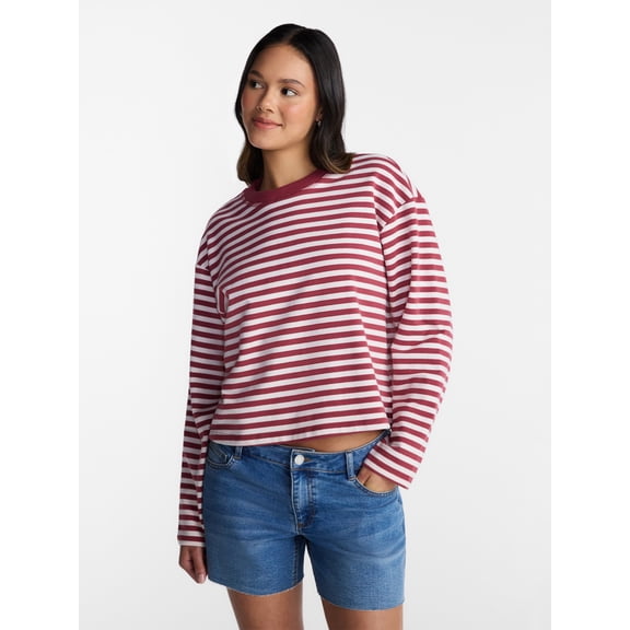 No Boundaries Oversize LS Stripe Tee, Women’s Sizes XXS-XXL